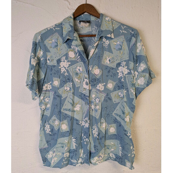 Vtg Southern Lady Button Up Blouse Womens Medium Blue Floral Coastal Beachy 90s - Picture 1 of 5